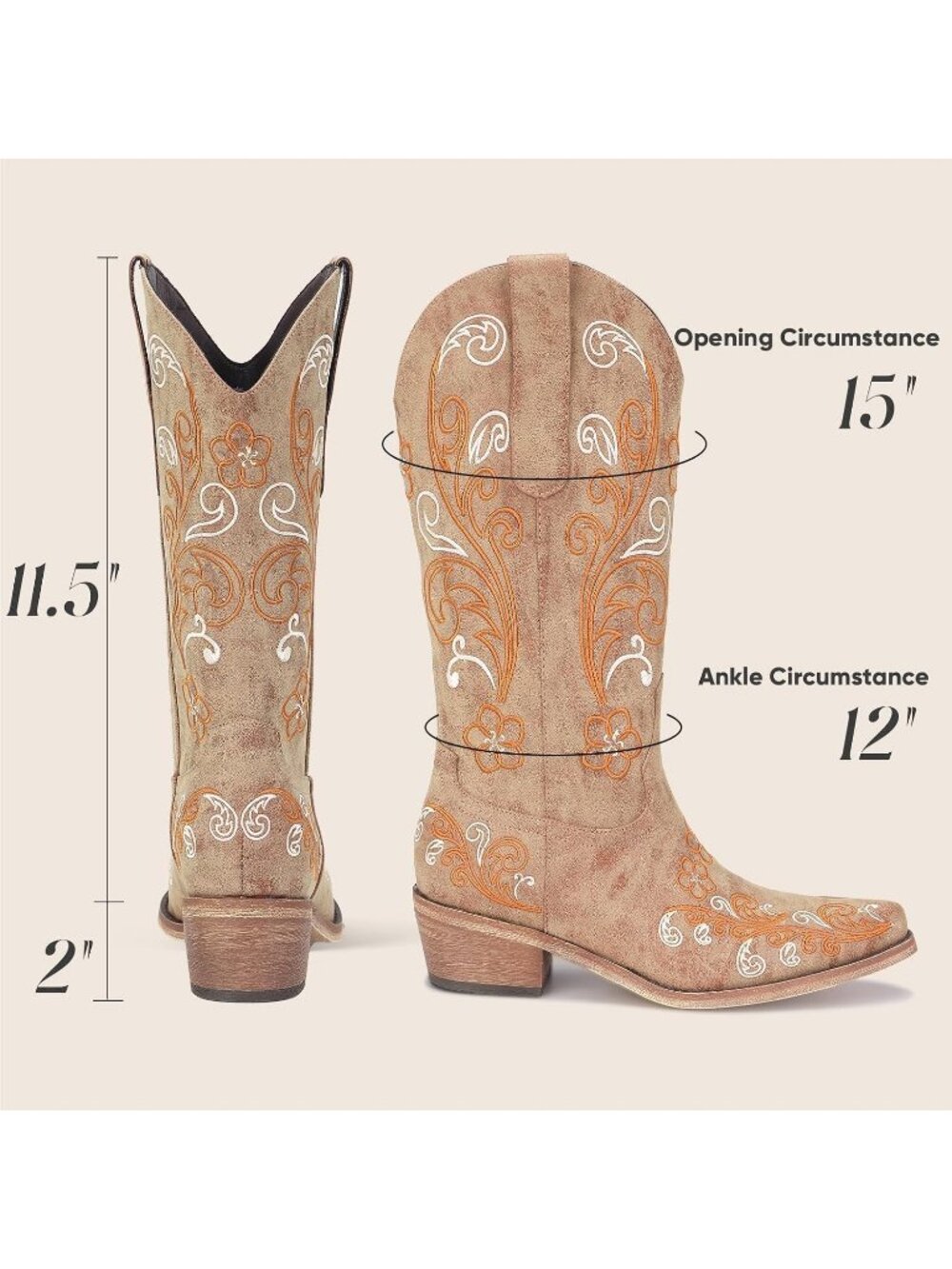 Women's Light Brown Cowgirl Boots Pointed Toe Chunky Heels Country Western Boots - Picture 3 of 7